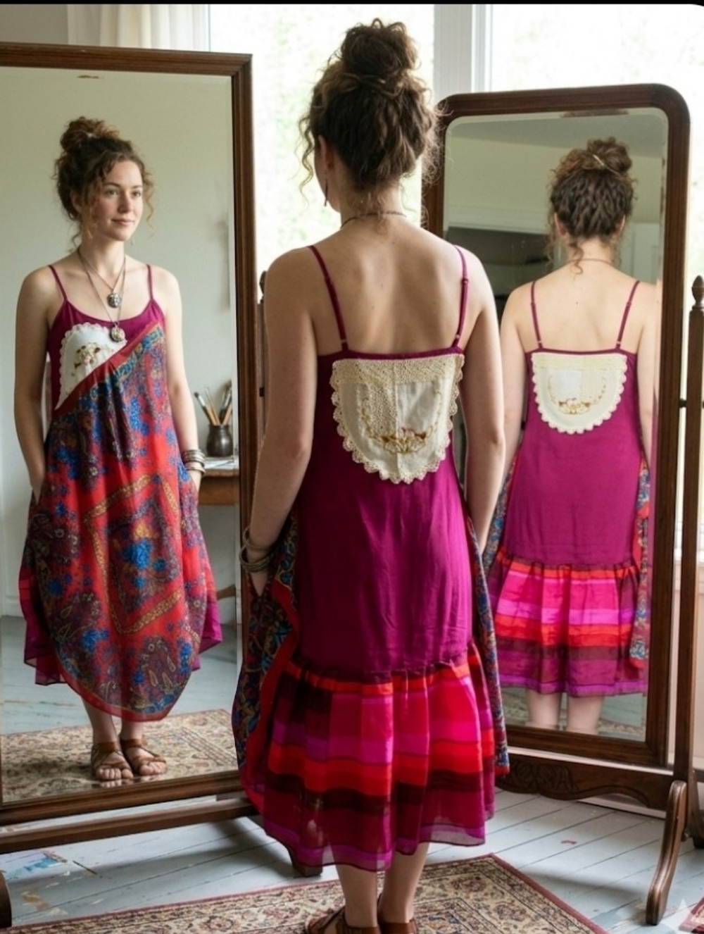 Artsy red scarf top S doilies upcycled festival flowy fairy